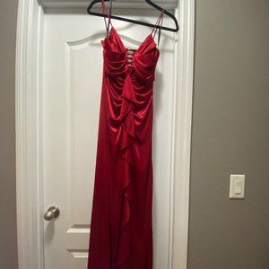 Satin red long dress with Rhinestones XS